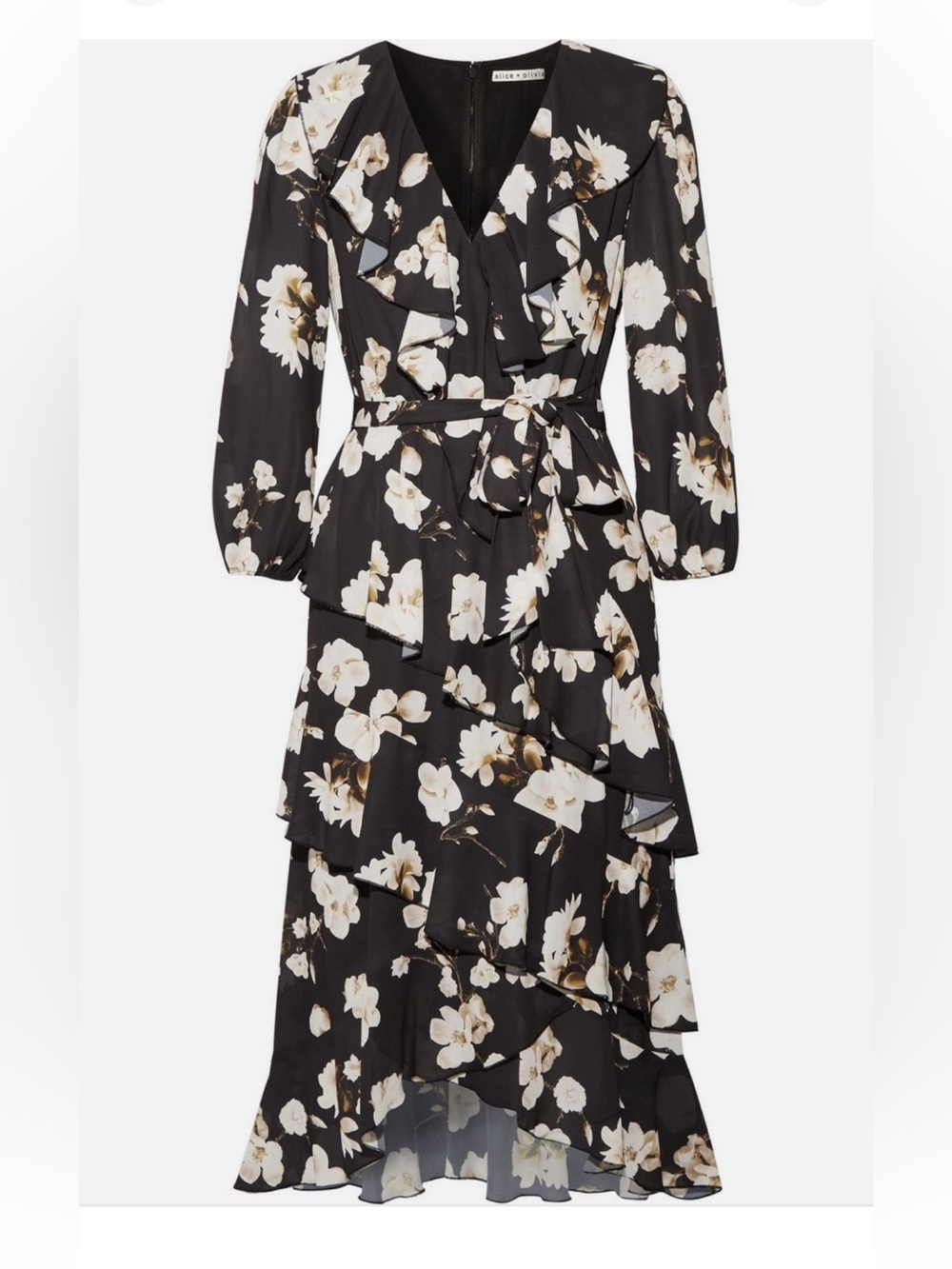 Alice + Olivia Kye Ruffle Floral Print Crepe Midi Dress - Picture 4 of 14